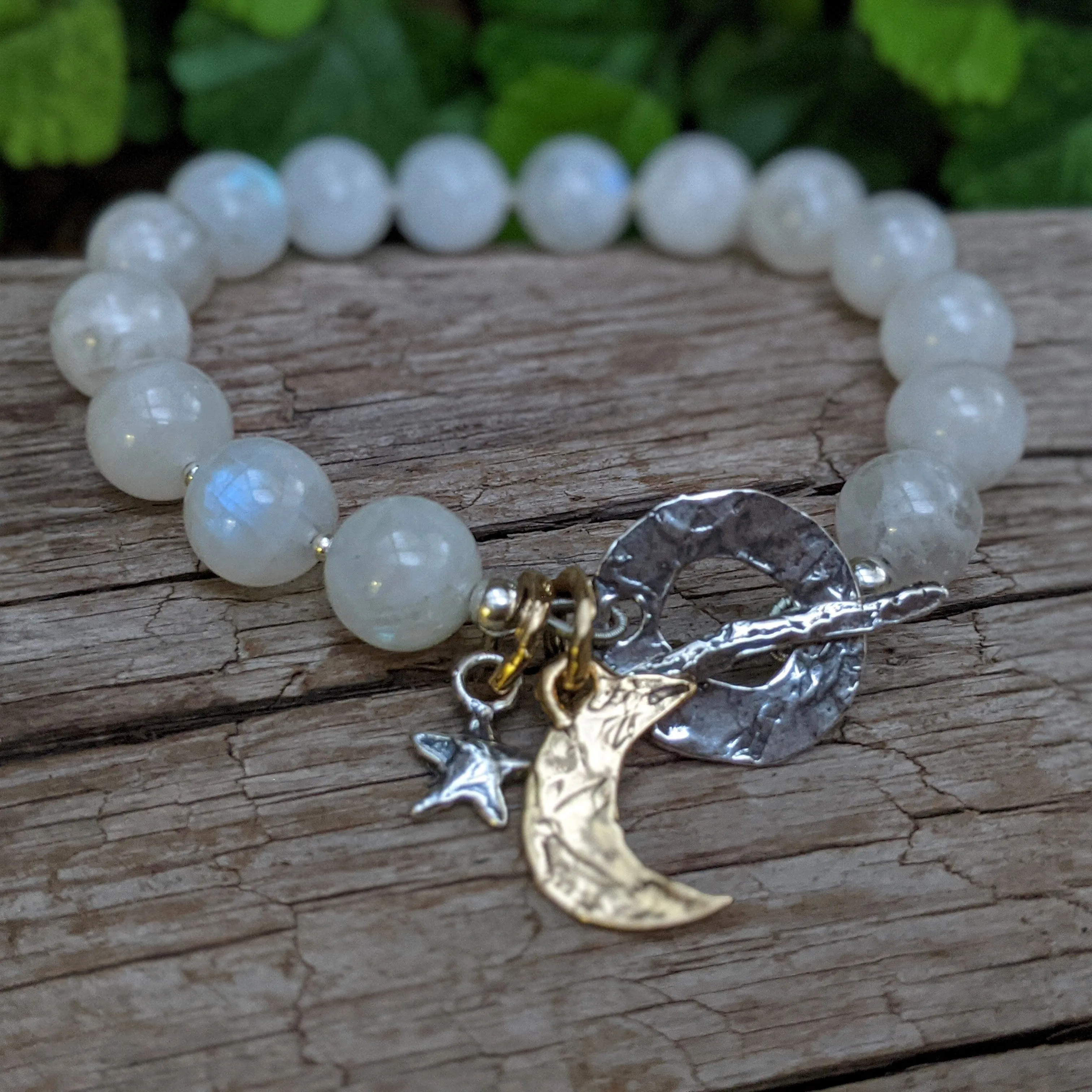 Rainbow Moonstone Bracelet with Crescent Moon Charm