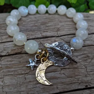 Rainbow Moonstone Bracelet with Crescent Moon Charm