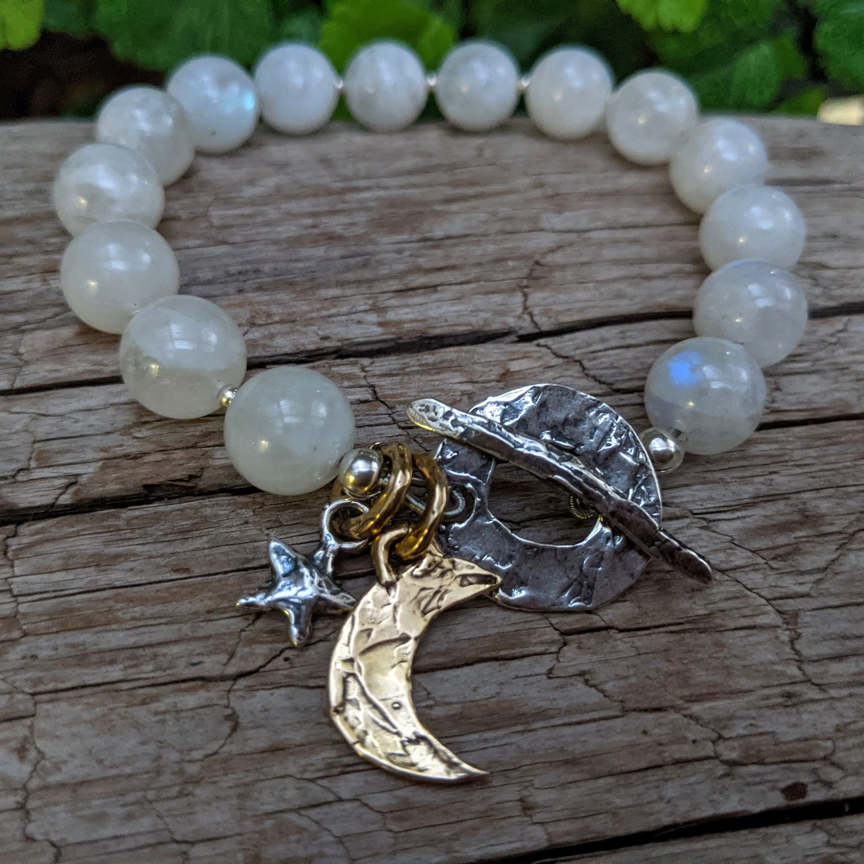 Rainbow Moonstone Bracelet with Crescent Moon Charm