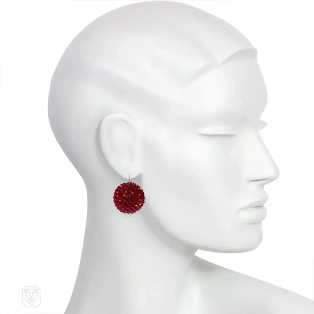 Red crystal beaded ball earrings