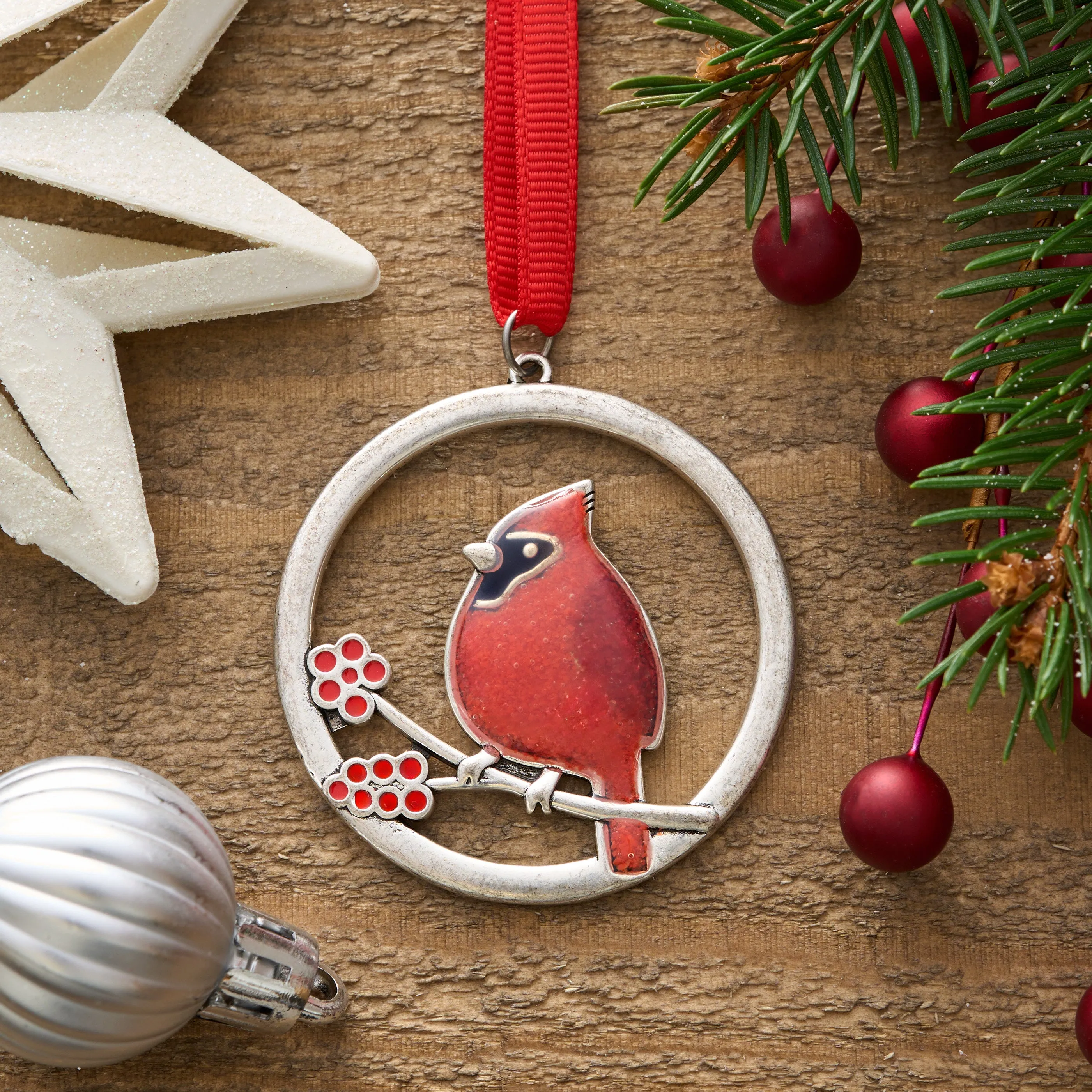 Red Glass Cardinal Branch Ornament Gift Set