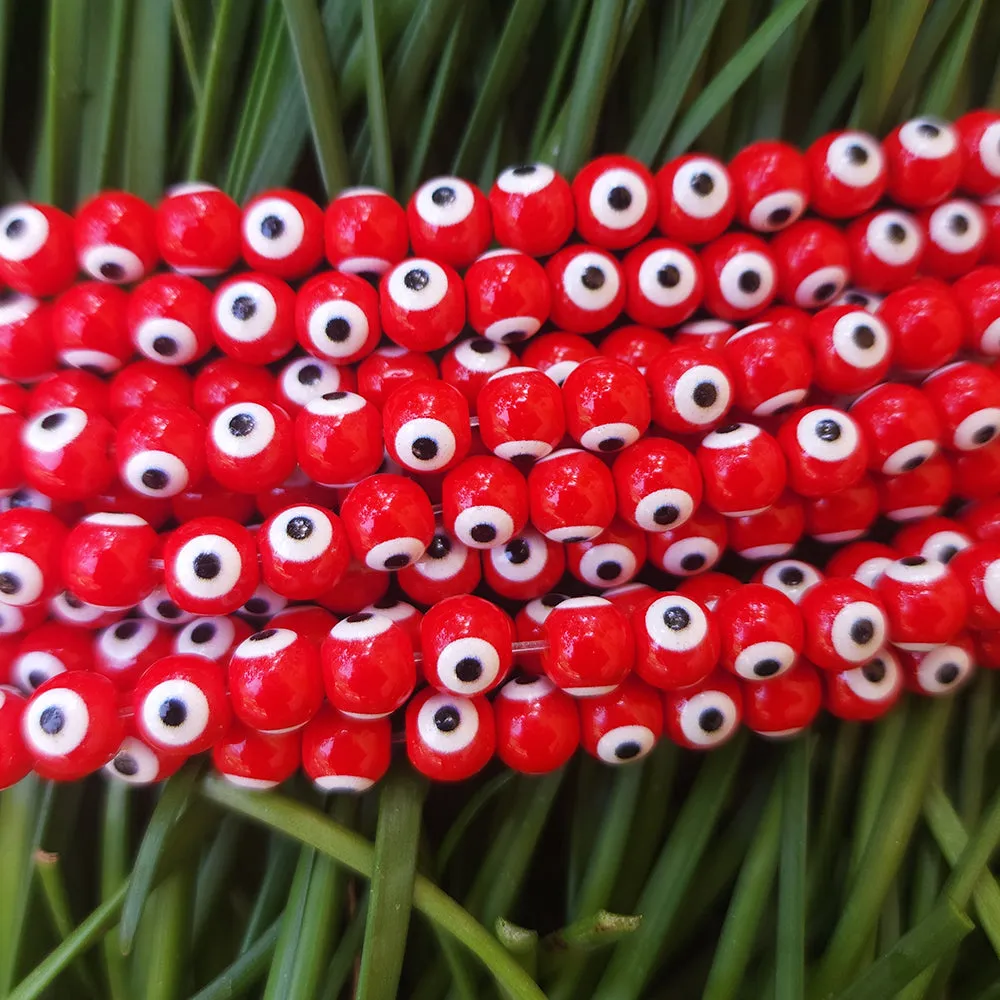 RED OPAQUE' 8 MM ROUND ' SUPER FINE QUALITY EVIL EYE GLASS CRYSTAL BEADS SOLD BY PER LIN PACK' APPROX PIECES 47-48 BEADS