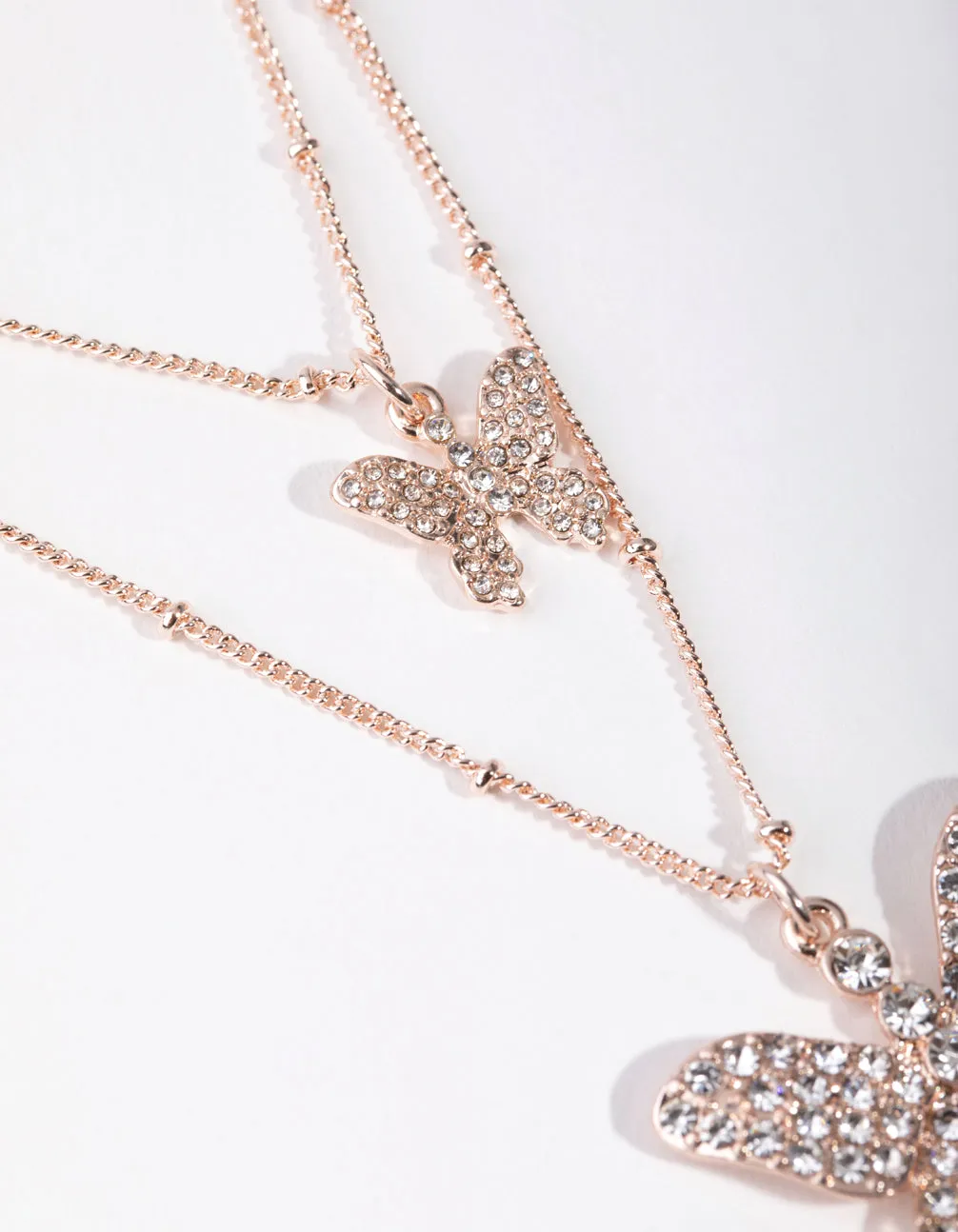 Rose Gold Pave Butterfly 2-Row Necklace