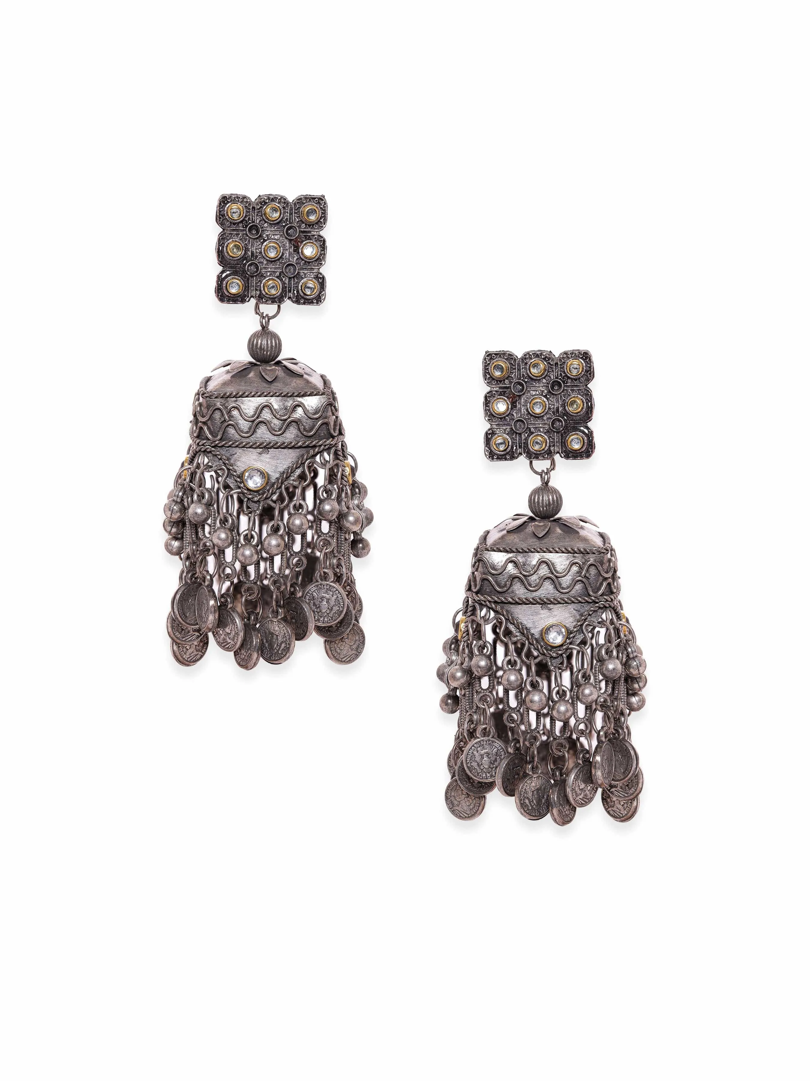 Rubans Oxidized silver pearl beaded statement Contemporary Jhumka Earrings