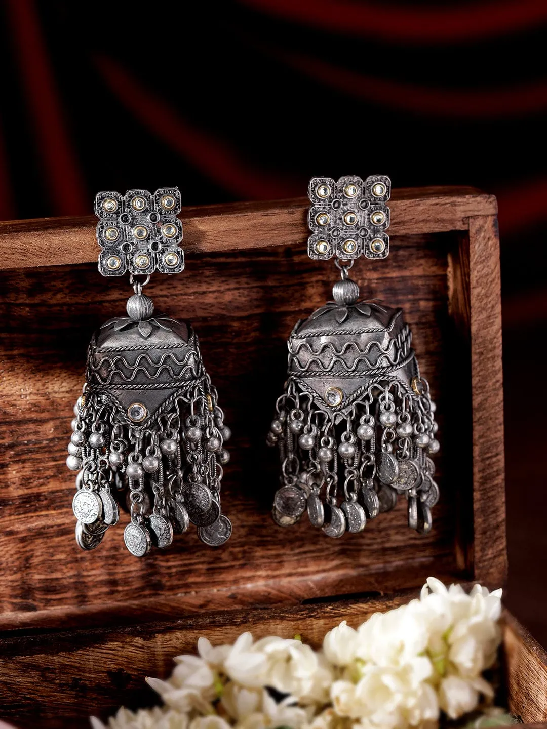 Rubans Oxidized silver pearl beaded statement Contemporary Jhumka Earrings