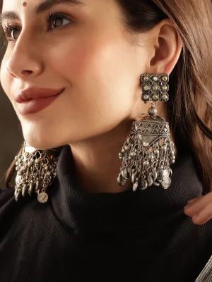 Rubans Oxidized silver pearl beaded statement Contemporary Jhumka Earrings