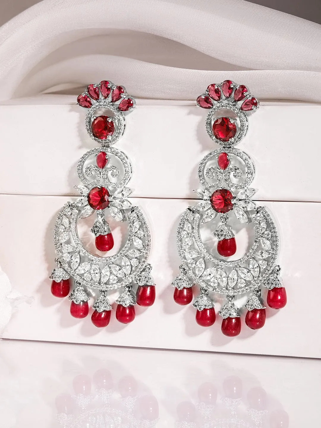 Rubans Rhodium-Plated Stone-Studded & Beaded Contemporary Drop Earrings