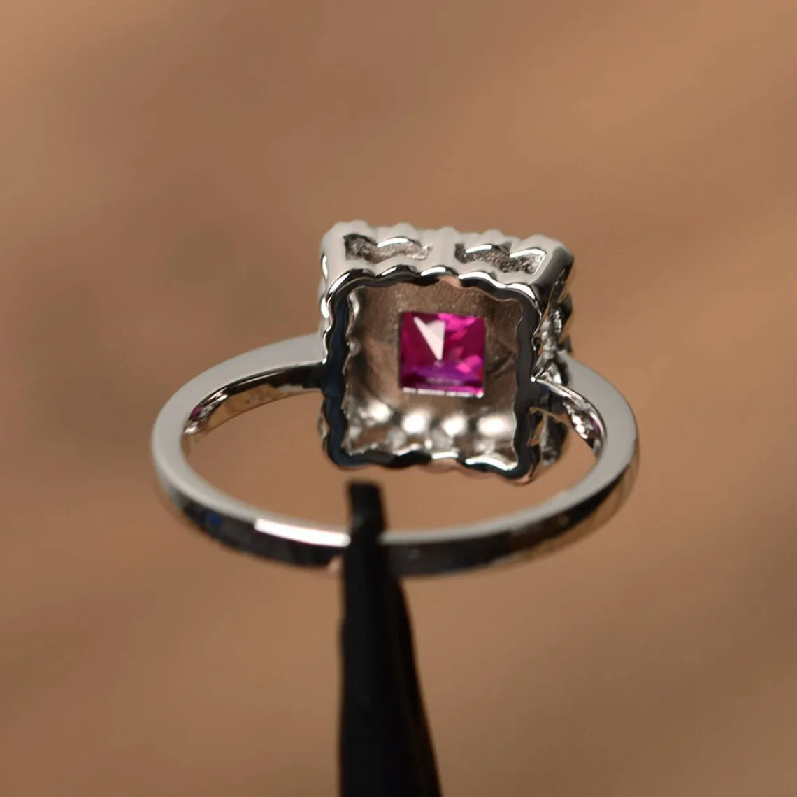 Ruby Square Halo Rings - 925 Sterling Silver Ring