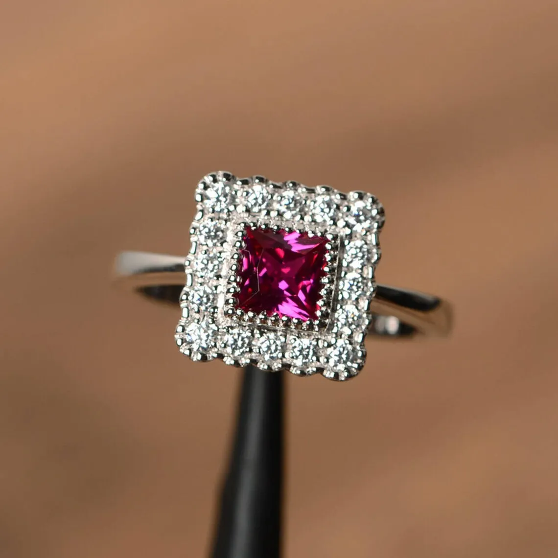 Ruby Square Halo Rings - 925 Sterling Silver Ring