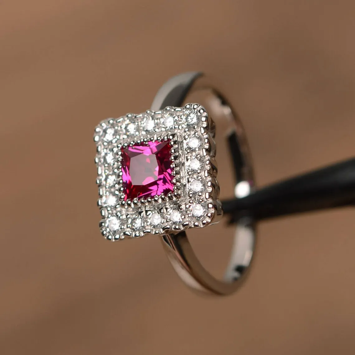 Ruby Square Halo Rings - 925 Sterling Silver Ring