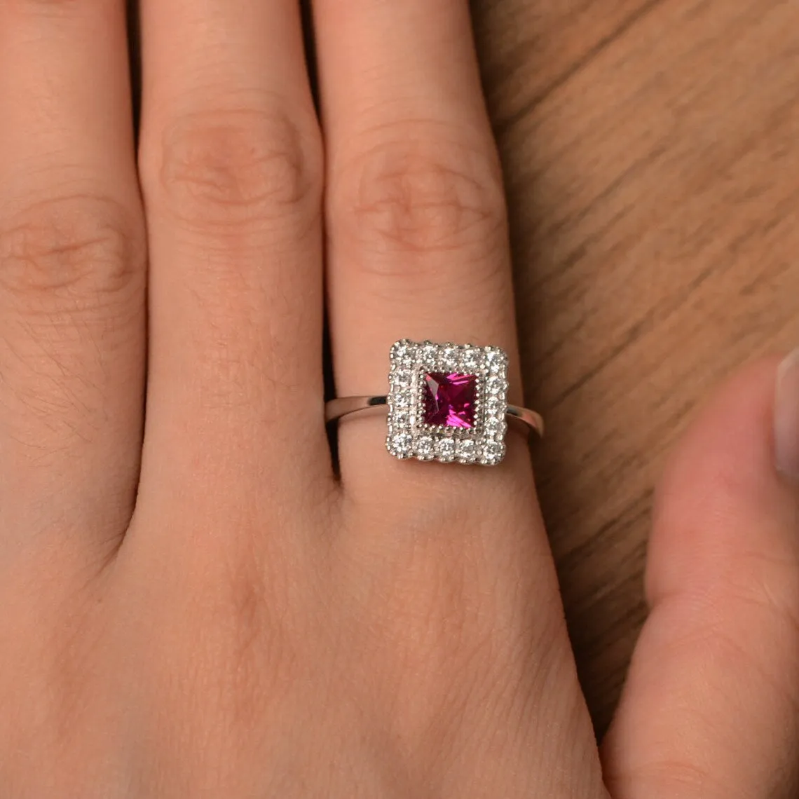 Ruby Square Halo Rings - 925 Sterling Silver Ring