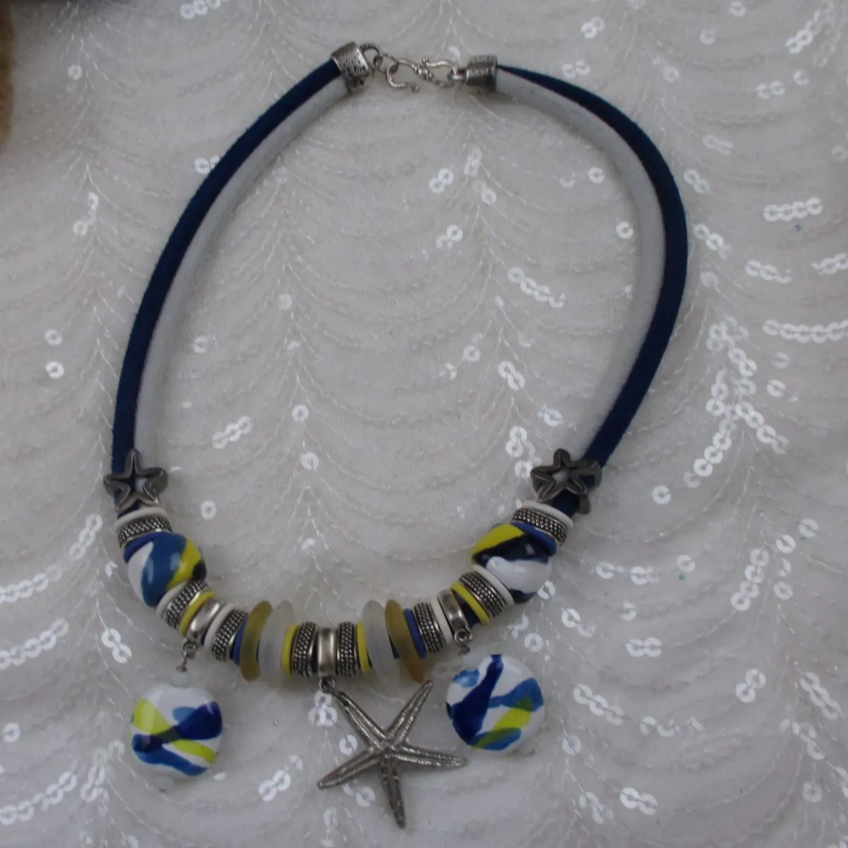 Seaside Kazuri & Sea Glass Necklace Blue & White Leather