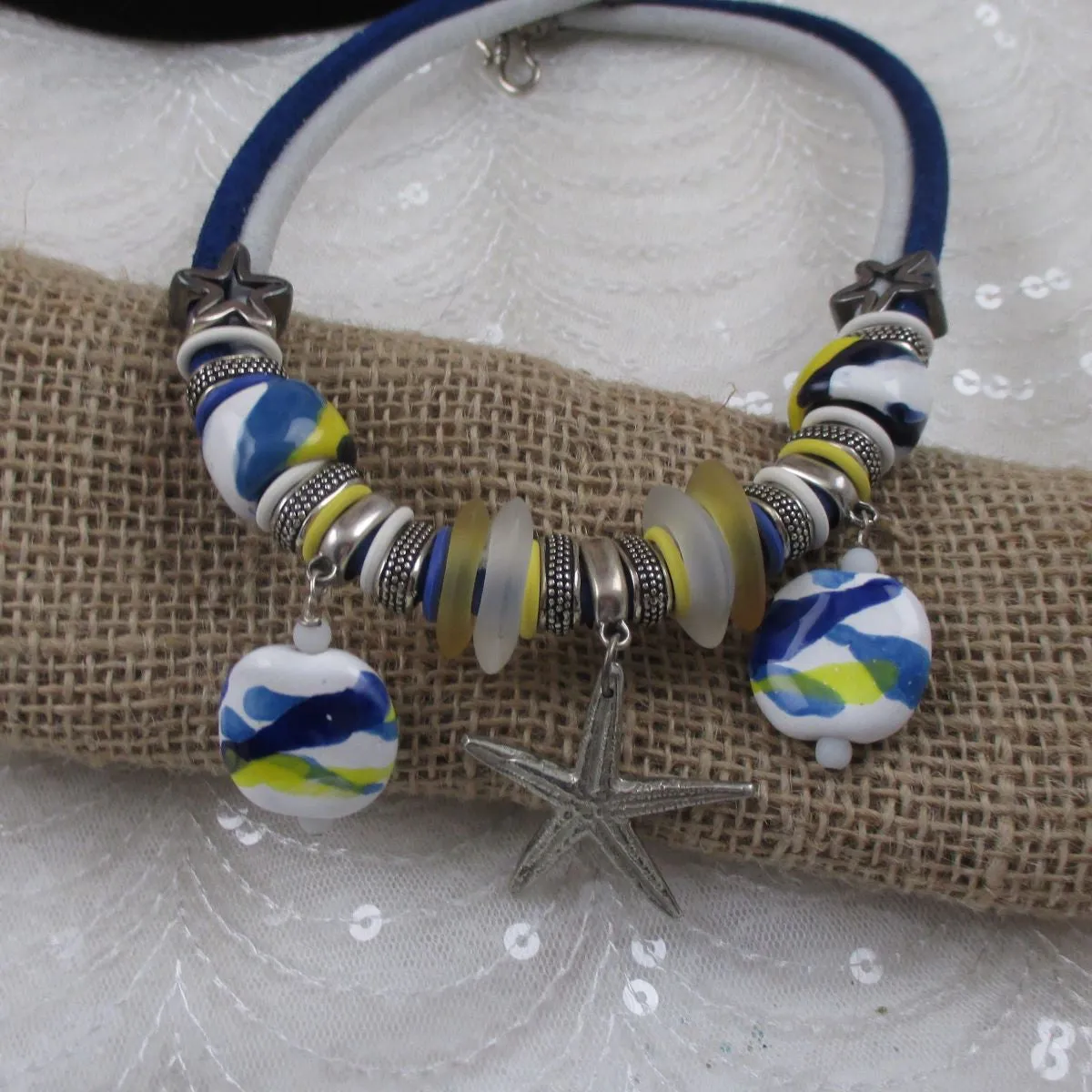 Seaside Kazuri & Sea Glass Necklace Blue & White Leather