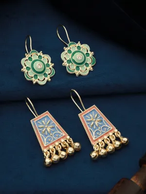 Set Of 2 Blue & Green Contemporary Gold-Plated Drop Earrings