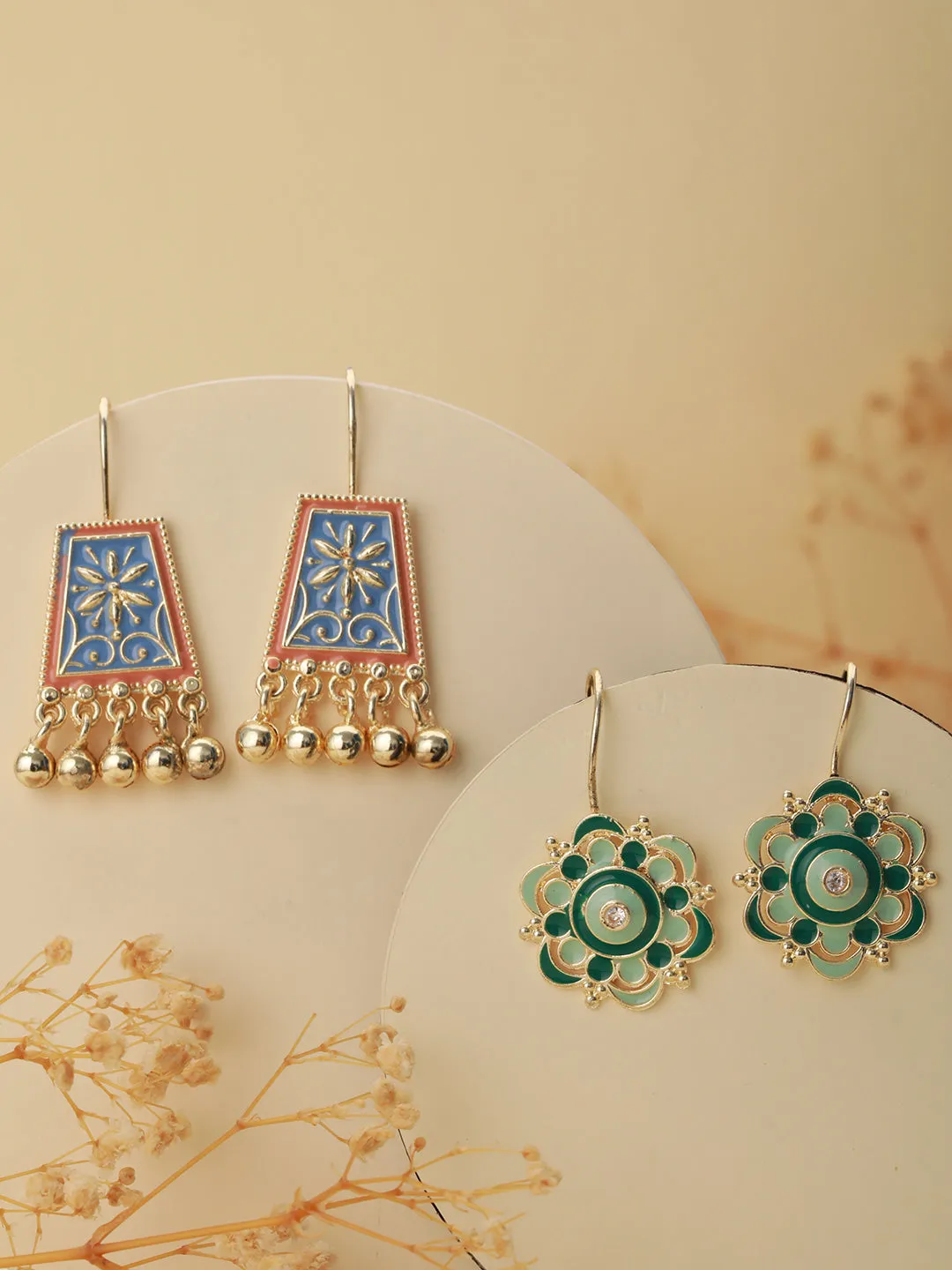 Set Of 2 Blue & Green Contemporary Gold-Plated Drop Earrings