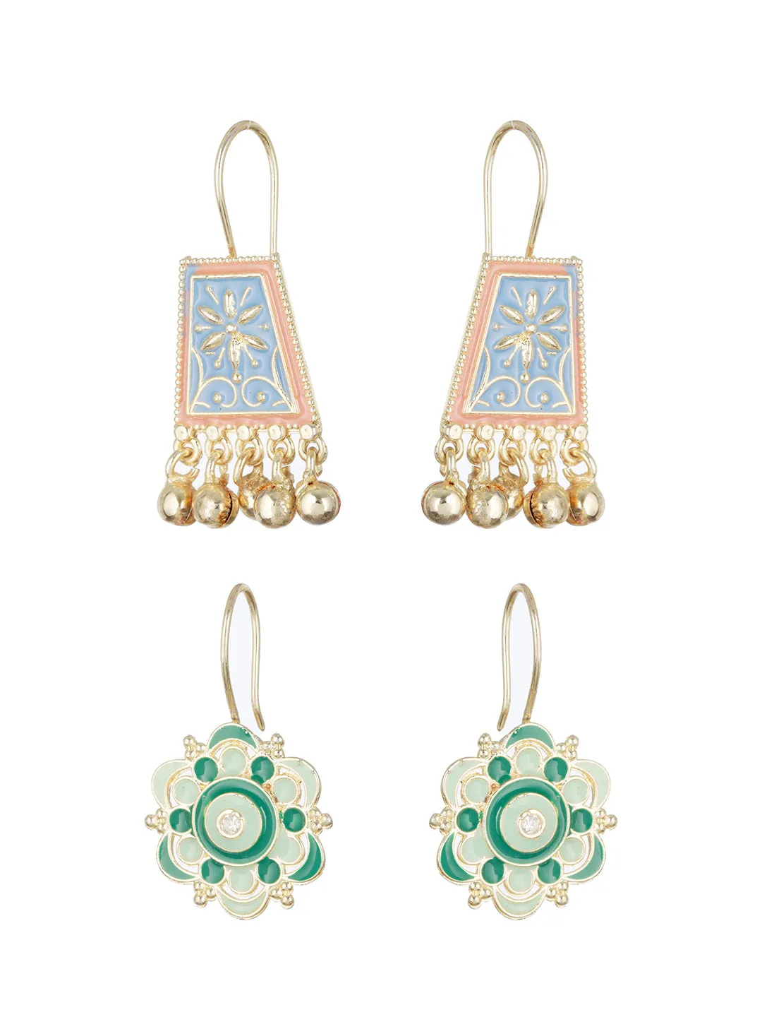 Set Of 2 Blue & Green Contemporary Gold-Plated Drop Earrings