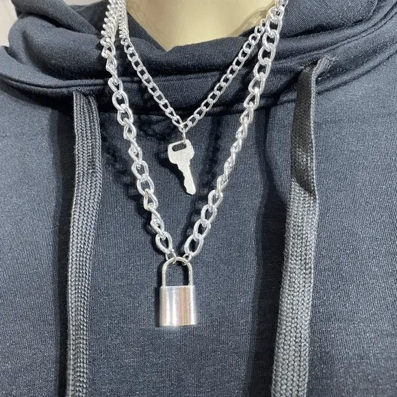 Silver Chunky Lock and Key Necklace