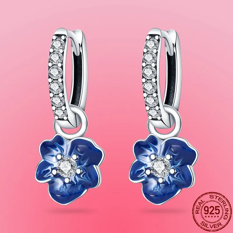 Silver Sparkling Zircon Blue Flower Charm Earrings