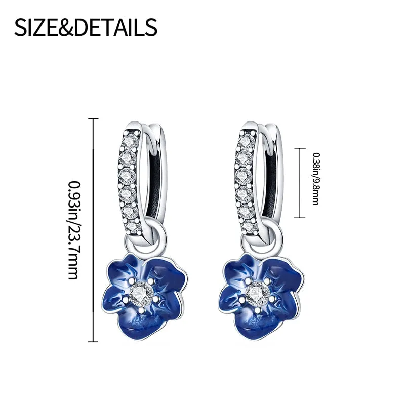 Silver Sparkling Zircon Blue Flower Charm Earrings