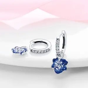 Silver Sparkling Zircon Blue Flower Charm Earrings