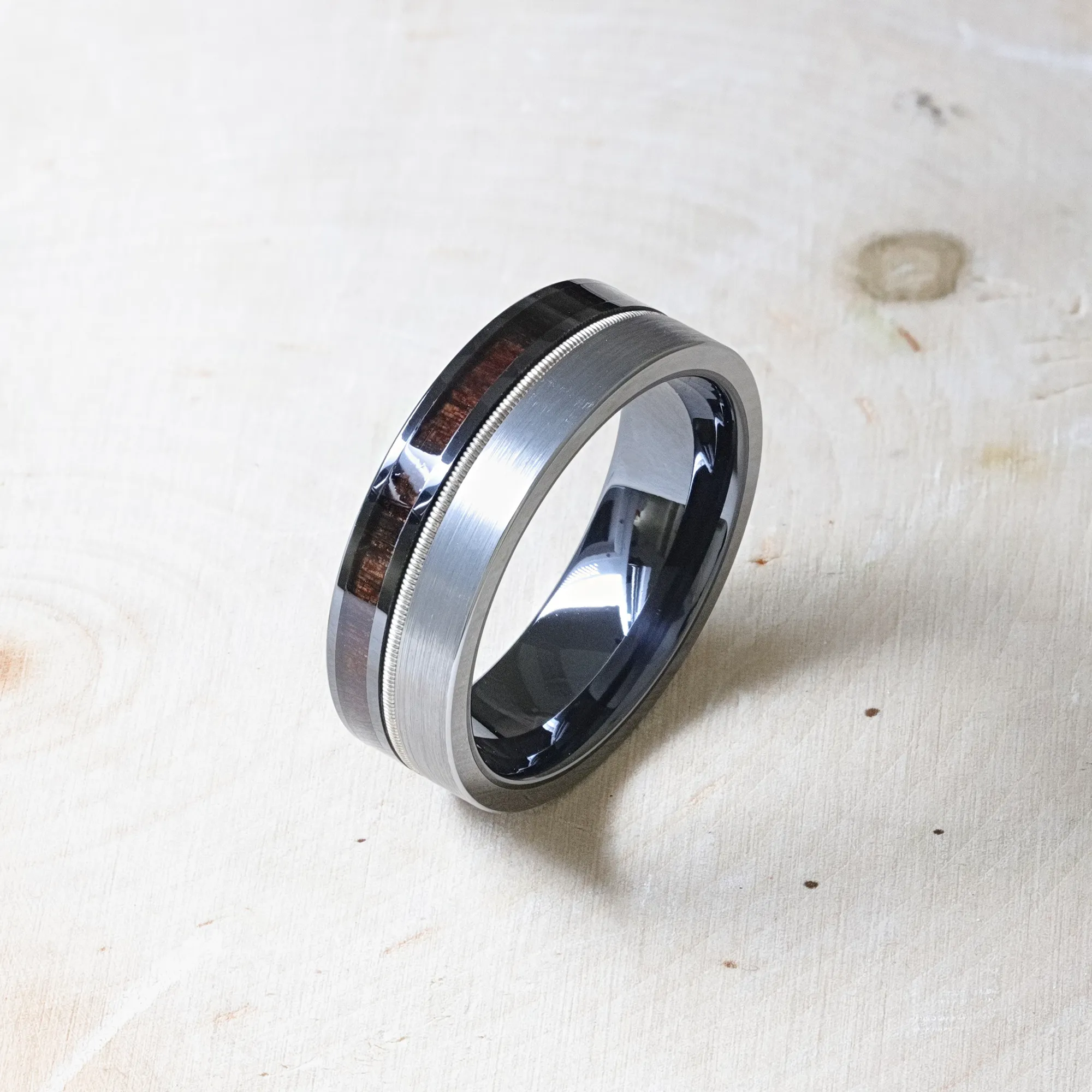 SLATE Tungsten & Black Ceramic Hybrid Ring with Steel Guitar String Ebony Wood and a Black Ceramic Interior - 8mm