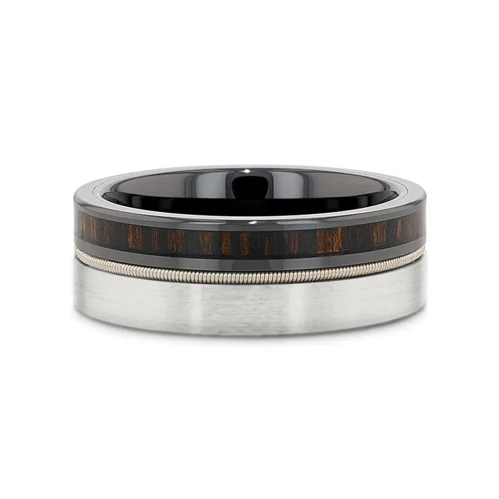 SLATE Tungsten & Black Ceramic Hybrid Ring with Steel Guitar String Ebony Wood and a Black Ceramic Interior - 8mm