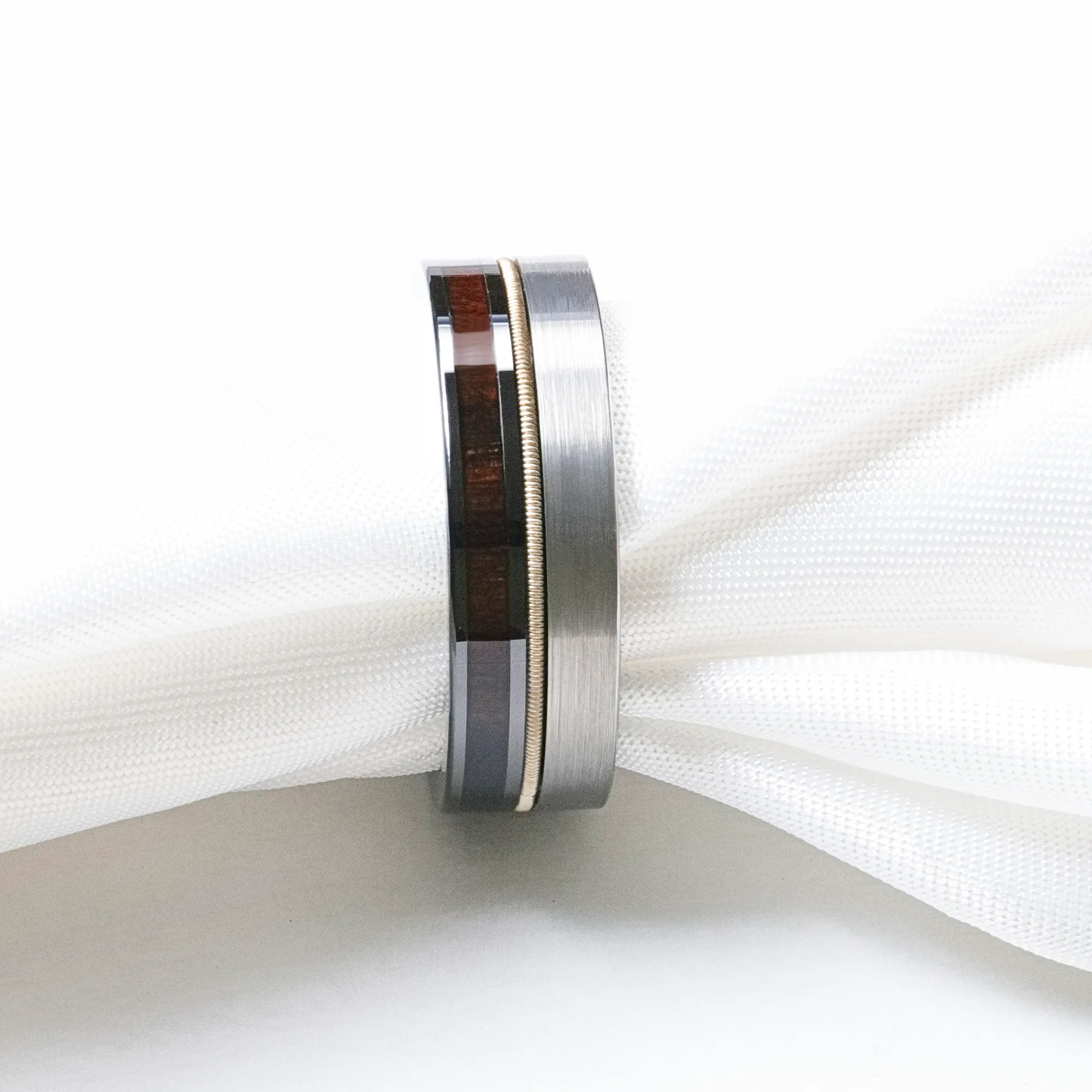 SLATE Tungsten & Black Ceramic Hybrid Ring with Steel Guitar String Ebony Wood and a Black Ceramic Interior - 8mm