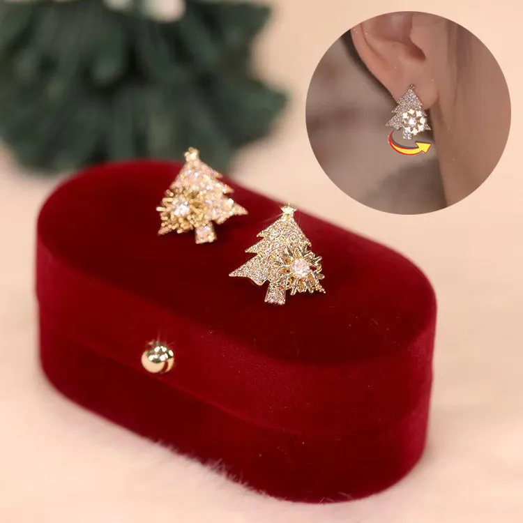 Sparkling Christmas Tree Earrings with Snowflake Accents – Festive Rotatable Studs