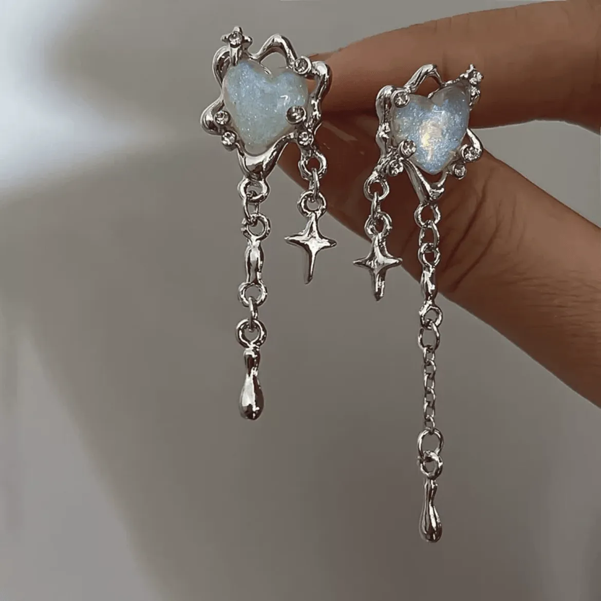 Sparkling Irregular Heart Star Tassel Chain Earrings