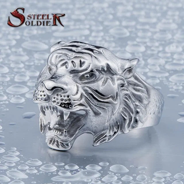 Steel soldier punk personality tiger ring for men stainless steel good detail animal jewelry for men