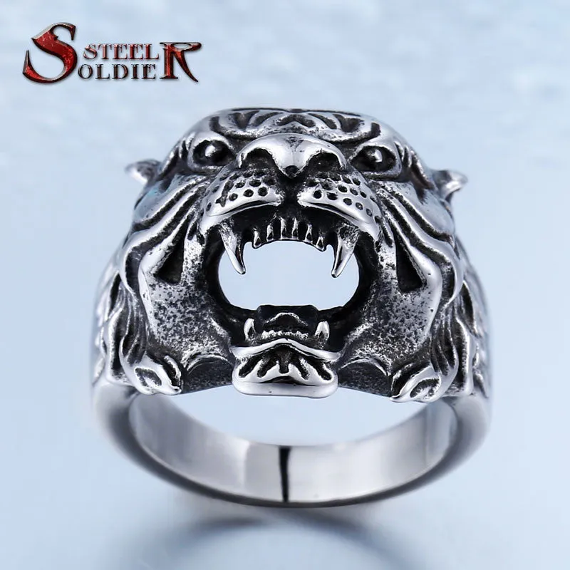 Steel soldier punk personality tiger ring for men stainless steel good detail animal jewelry for men