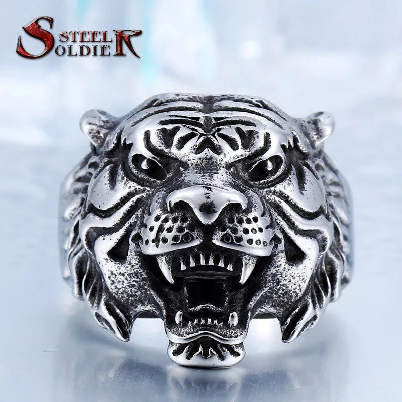 Steel soldier punk personality tiger ring for men stainless steel good detail animal jewelry for men