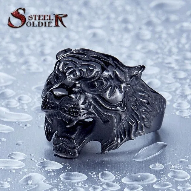 Steel soldier punk personality tiger ring for men stainless steel good detail animal jewelry for men