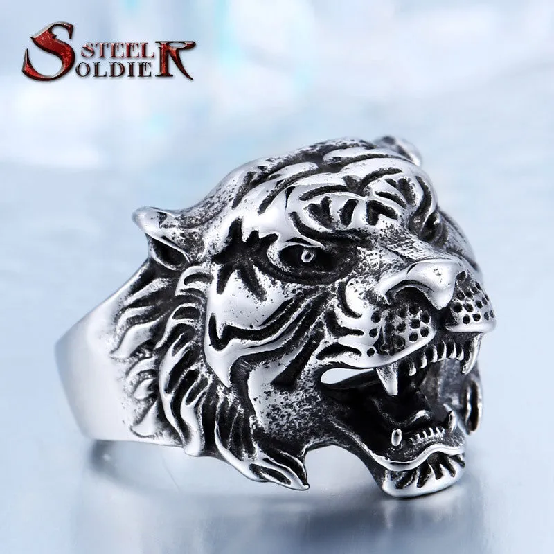 Steel soldier punk personality tiger ring for men stainless steel good detail animal jewelry for men