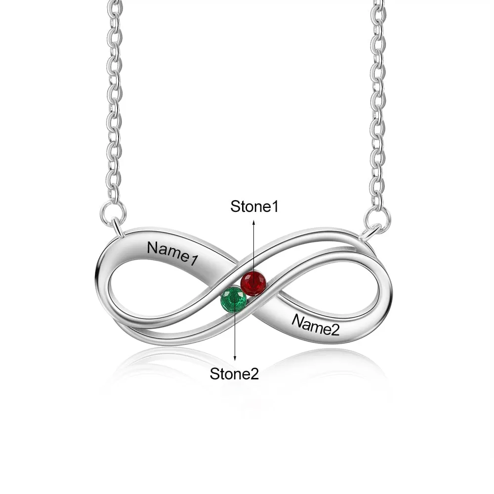 Sterling Silver Infinity Love Pendant with 2 Birthstones Personalized Engraved Couple Name Necklace Mother Day Gift