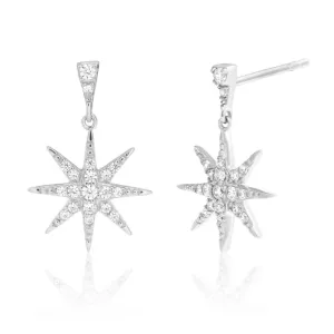 Sterling Silver Rhodium Plated Cubic Zirconia Starburst Drop Earrings