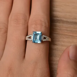 Swiss Blue Topaz Emerald Cut Solitaire Promise Statement  Rings - 925 Sterling Silver Rings