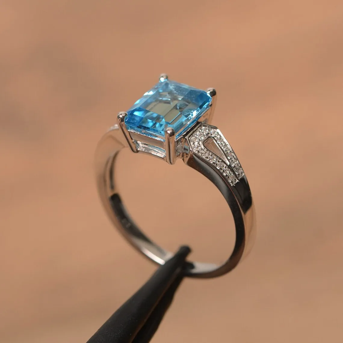 Swiss Blue Topaz Emerald Cut Solitaire Promise Statement  Rings - 925 Sterling Silver Rings