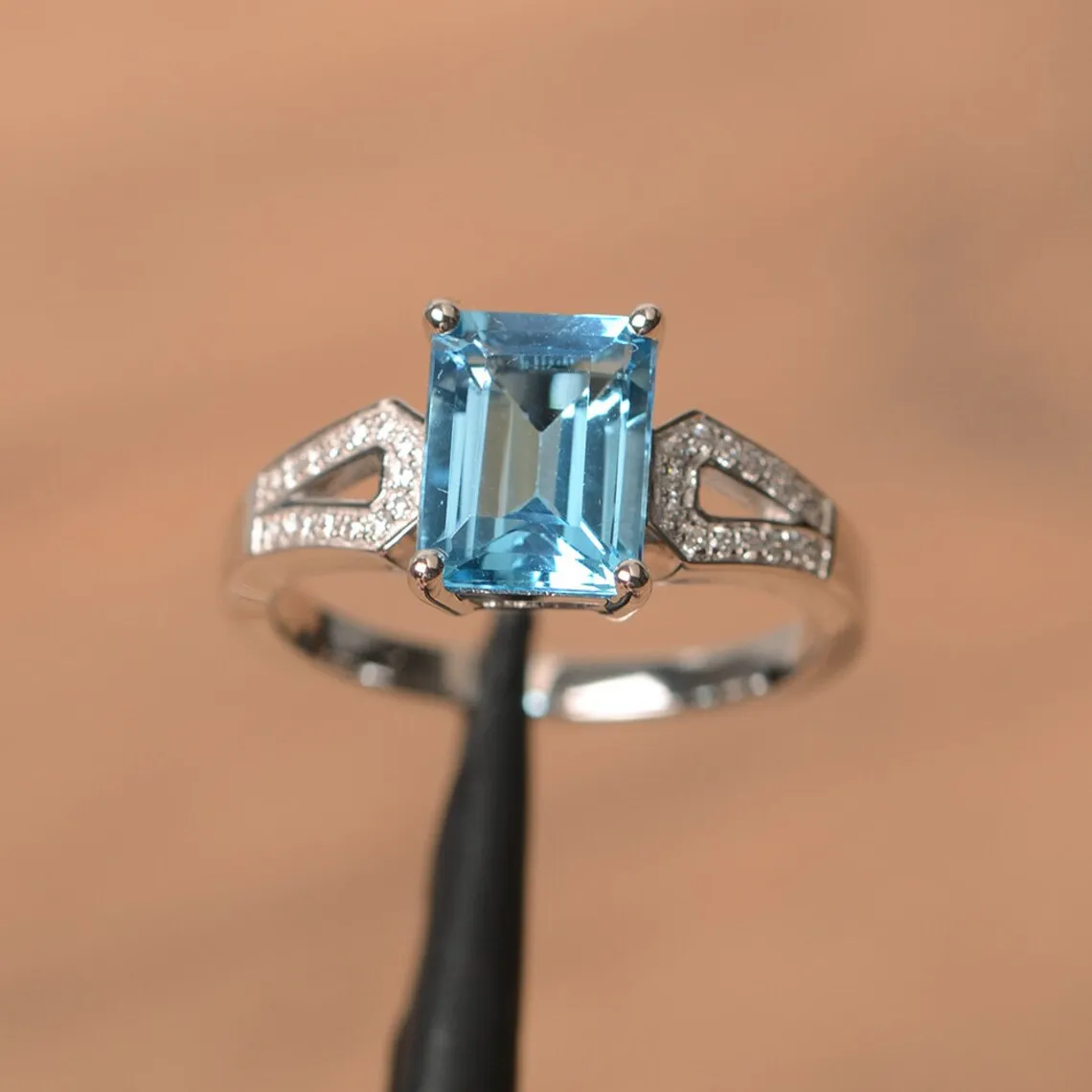 Swiss Blue Topaz Emerald Cut Solitaire Promise Statement  Rings - 925 Sterling Silver Rings