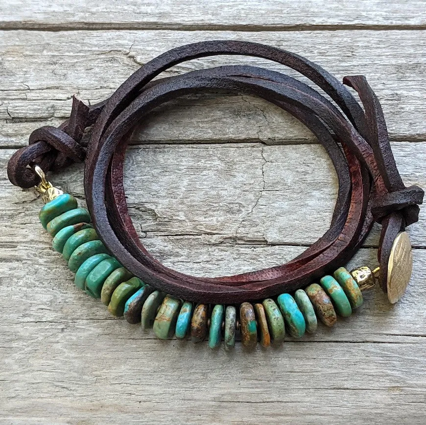 Turquoise Leather Wrap Gold Bronze Button Bracelet - Men's/Unisex