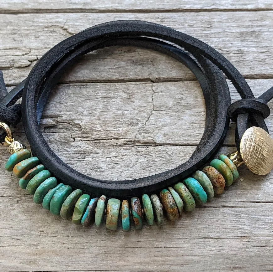 Turquoise Leather Wrap Gold Bronze Button Bracelet - Men's/Unisex