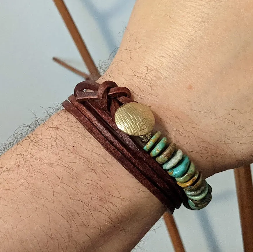 Turquoise Leather Wrap Gold Bronze Button Bracelet - Men's/Unisex