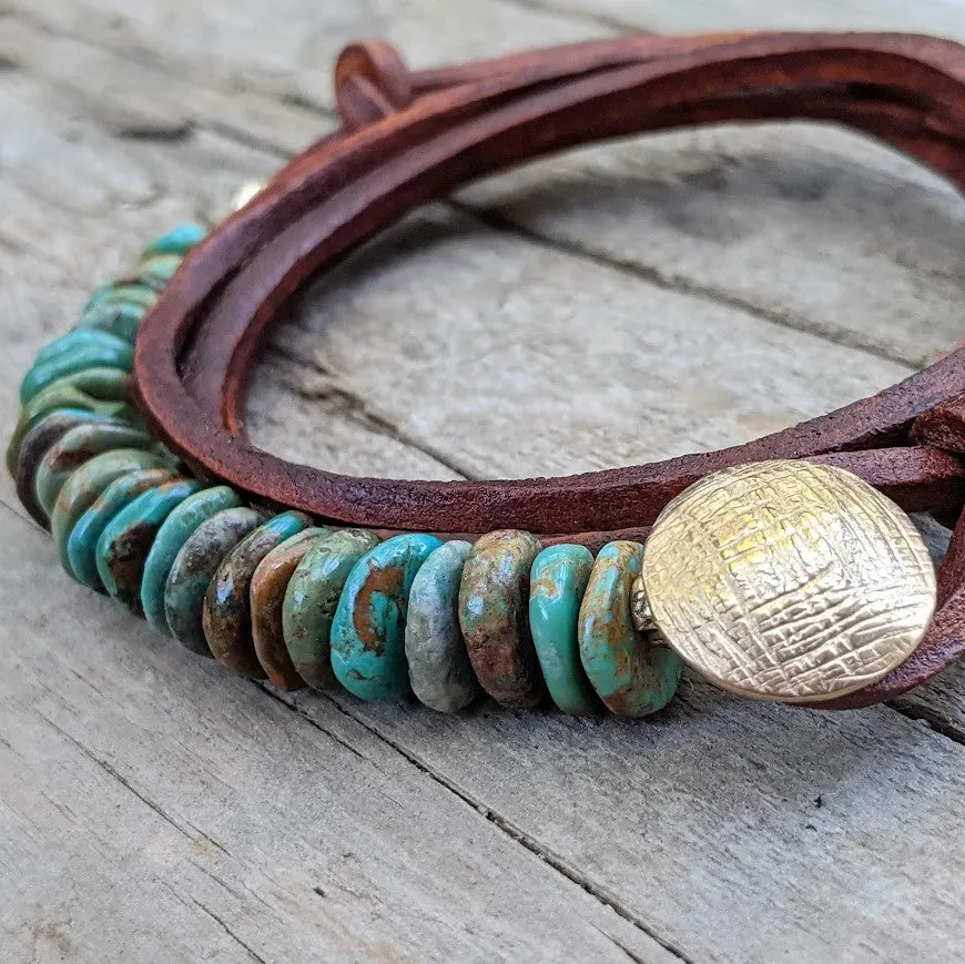 Turquoise Leather Wrap Gold Bronze Button Bracelet - Men's/Unisex