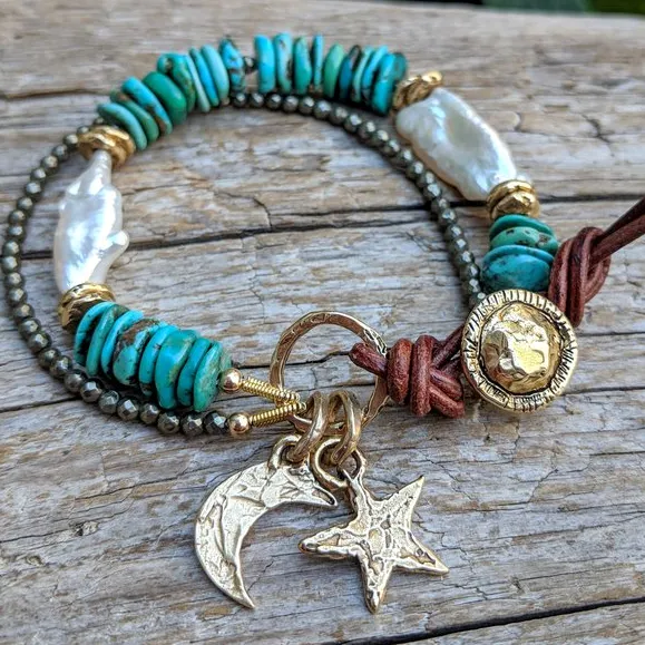 Turquoise, Pearl and Pyrite Crescent Moon and Star Bracelet