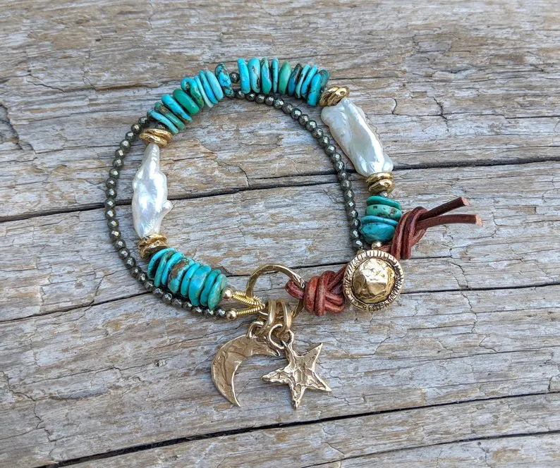 Turquoise, Pearl and Pyrite Crescent Moon and Star Bracelet