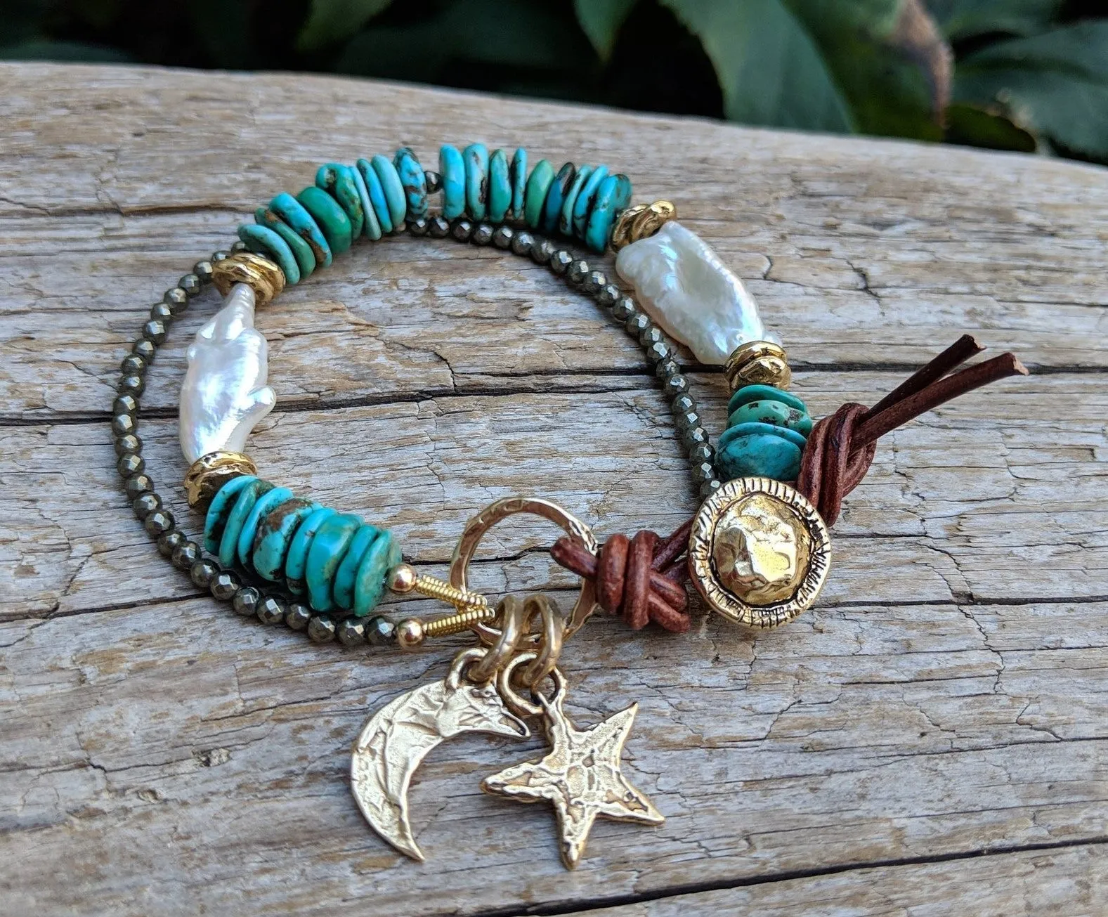 Turquoise, Pearl and Pyrite Crescent Moon and Star Bracelet