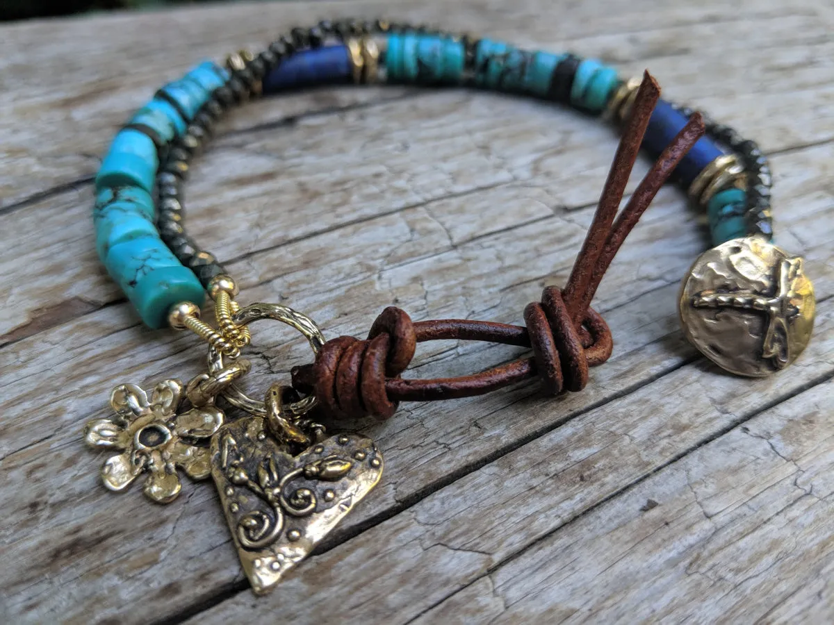 Turquoise, Pearl and Pyrite Crescent Moon and Star Bracelet