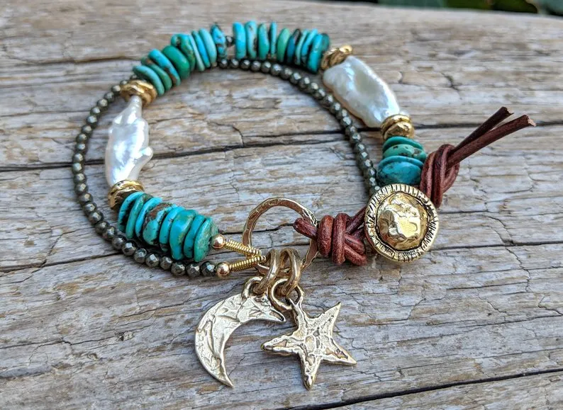 Turquoise, Pearl and Pyrite Crescent Moon and Star Bracelet