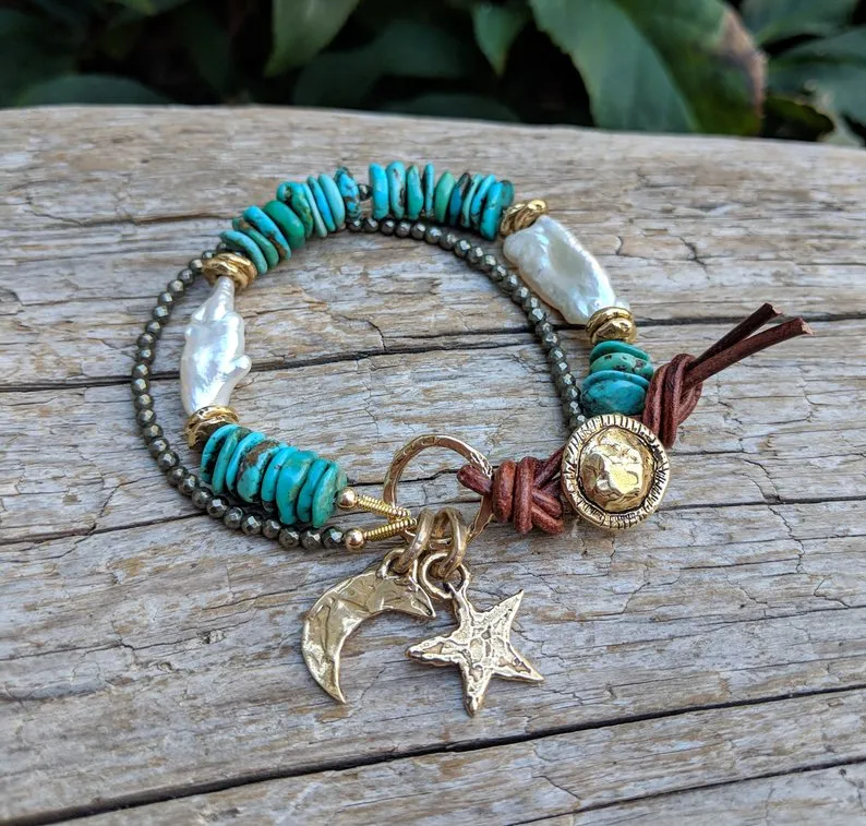 Turquoise, Pearl and Pyrite Crescent Moon and Star Bracelet