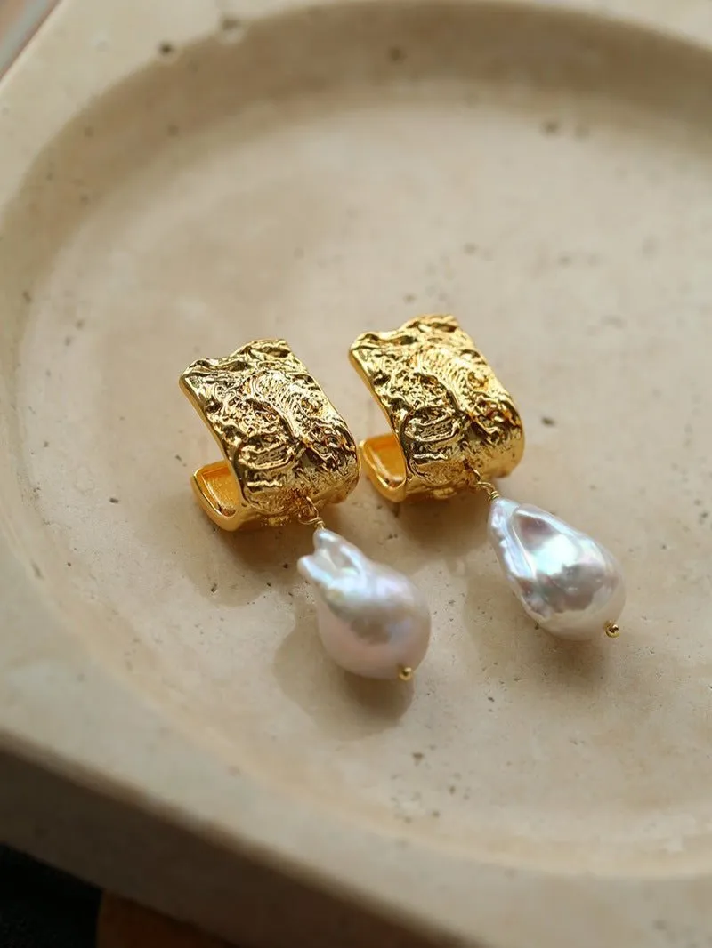 Unique Lava Baroque Pearl J Drop Earrings